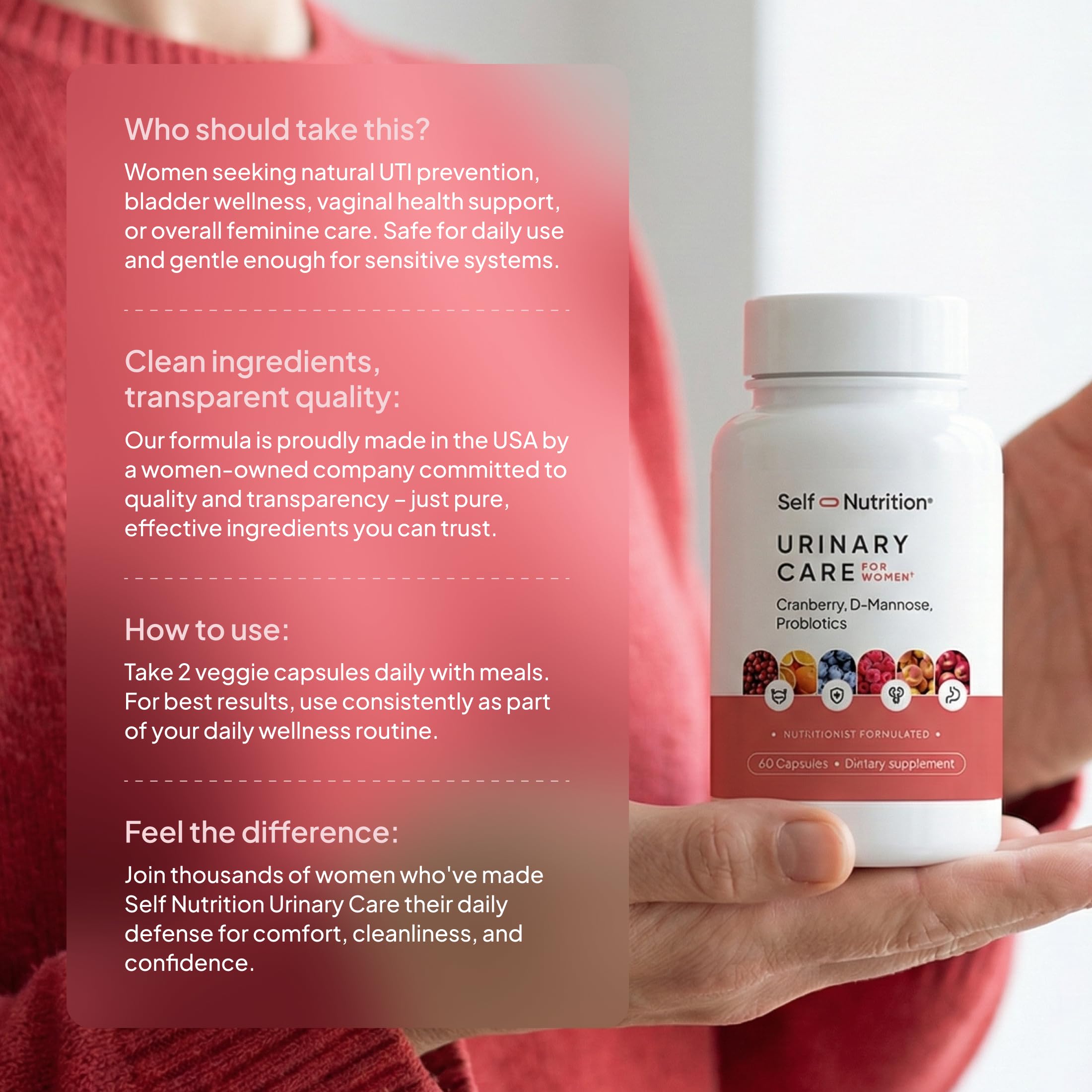 SELF NUTRITION Urinary Care Supplement capsules in hand