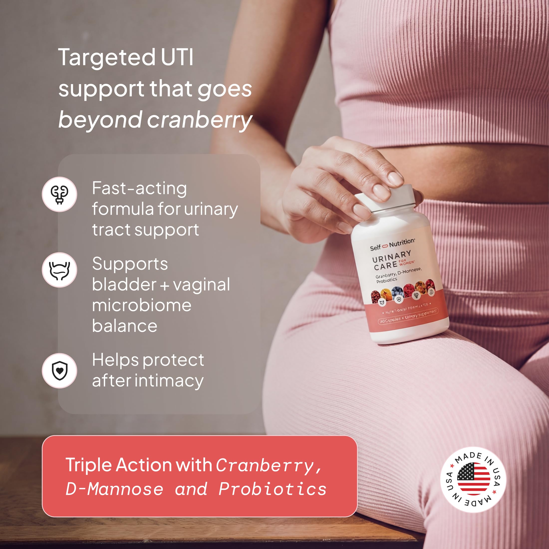 SELF NUTRITION Urinary Care Supplement capsules on a wooden table