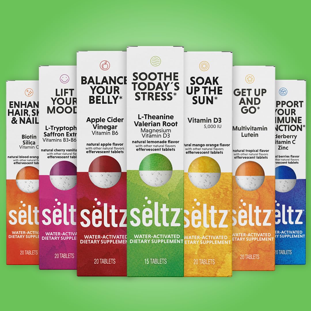 Seltz Effervescent Sleep Supplement Tablets on a kitchen counter