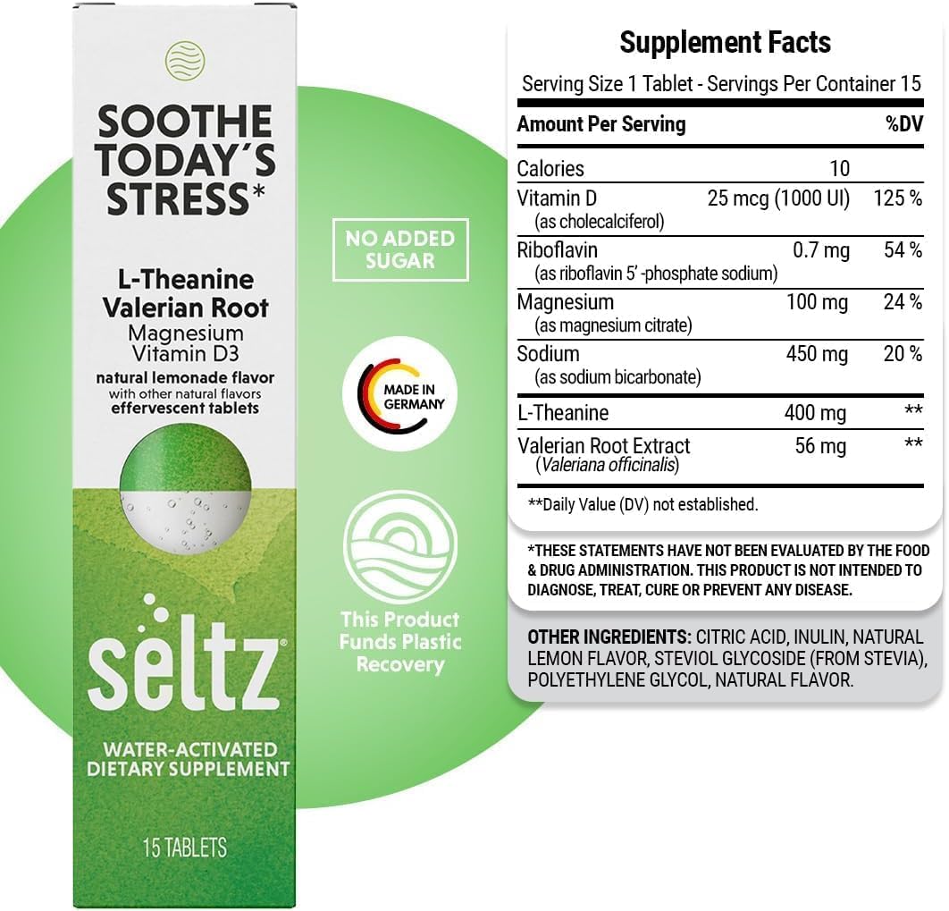 Seltz Stress Support Drink Tablets being poured into a glass of water