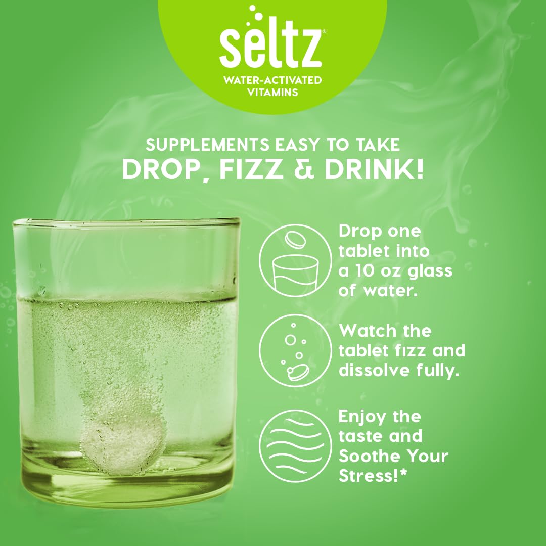Seltz Stress Support Drink Tablets tube placed on a desk