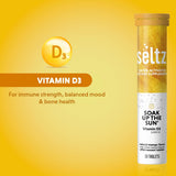 Seltz Vitamin D3 effervescent tablets close-up of mango orange flavour