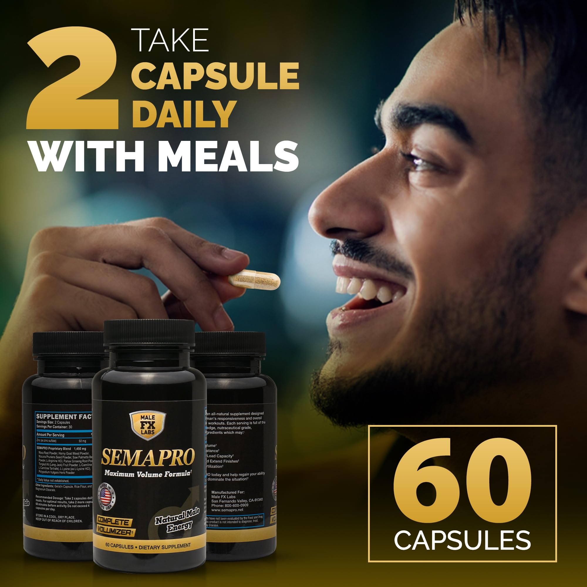 Semapro Blended Vitamin & Mineral Supplement showing capsule size comparison