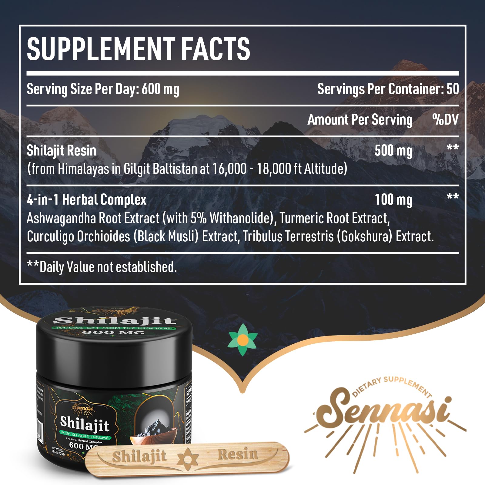 Sennasi Shilajit Pure Himalayan Organic 600mg dark glass jar