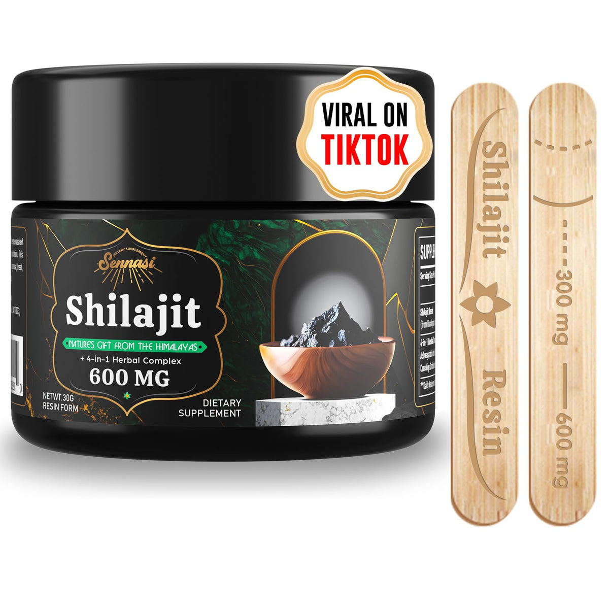 Sennasi Shilajit Pure Himalayan Organic 600mg front view