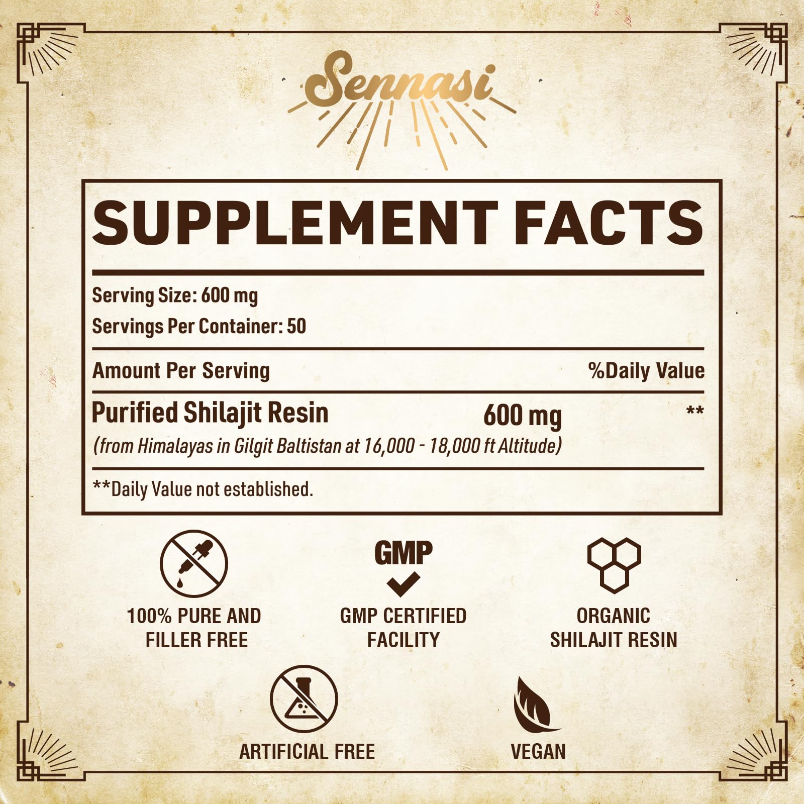 Sennasi Shilajit Resin 30g back view with ingredient list