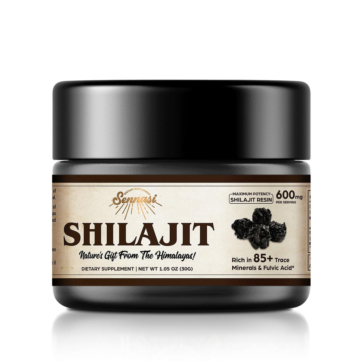Sennasi Shilajit Resin 30g front view in glass bottle