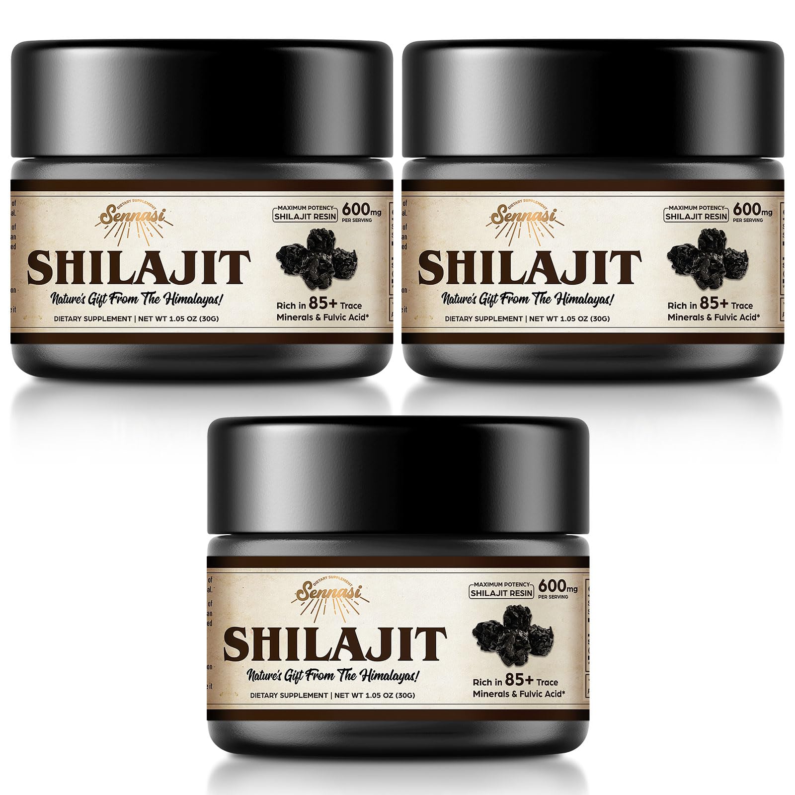 Sennasi Shilajit Resin 30g front view in glass bottle