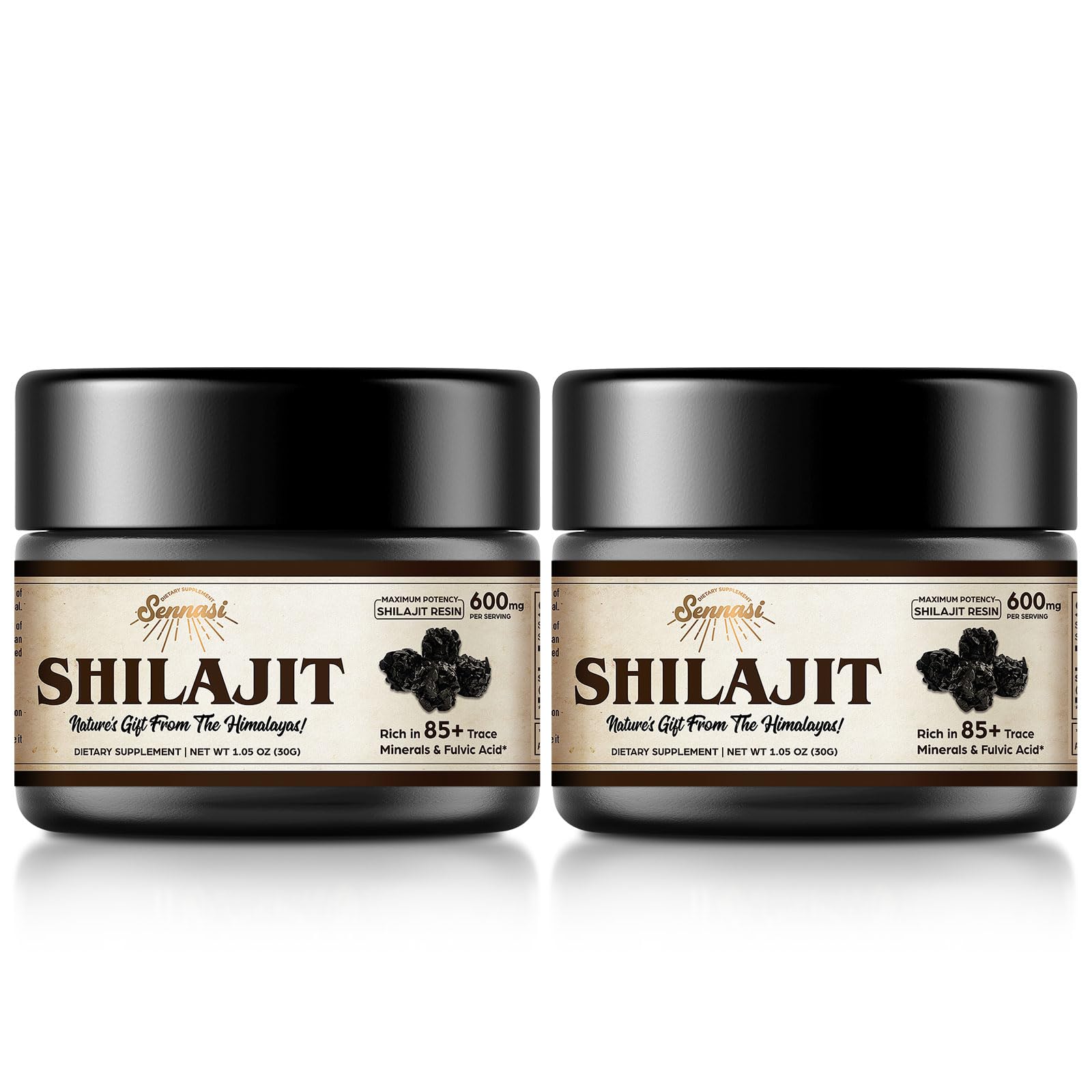 Sennasi Shilajit Resin 30g front view in glass bottle