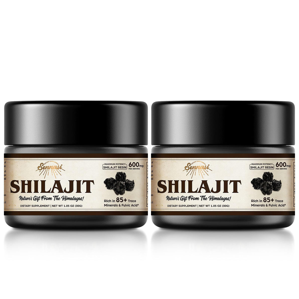 Sennasi Shilajit Resin 30g front view in glass bottle