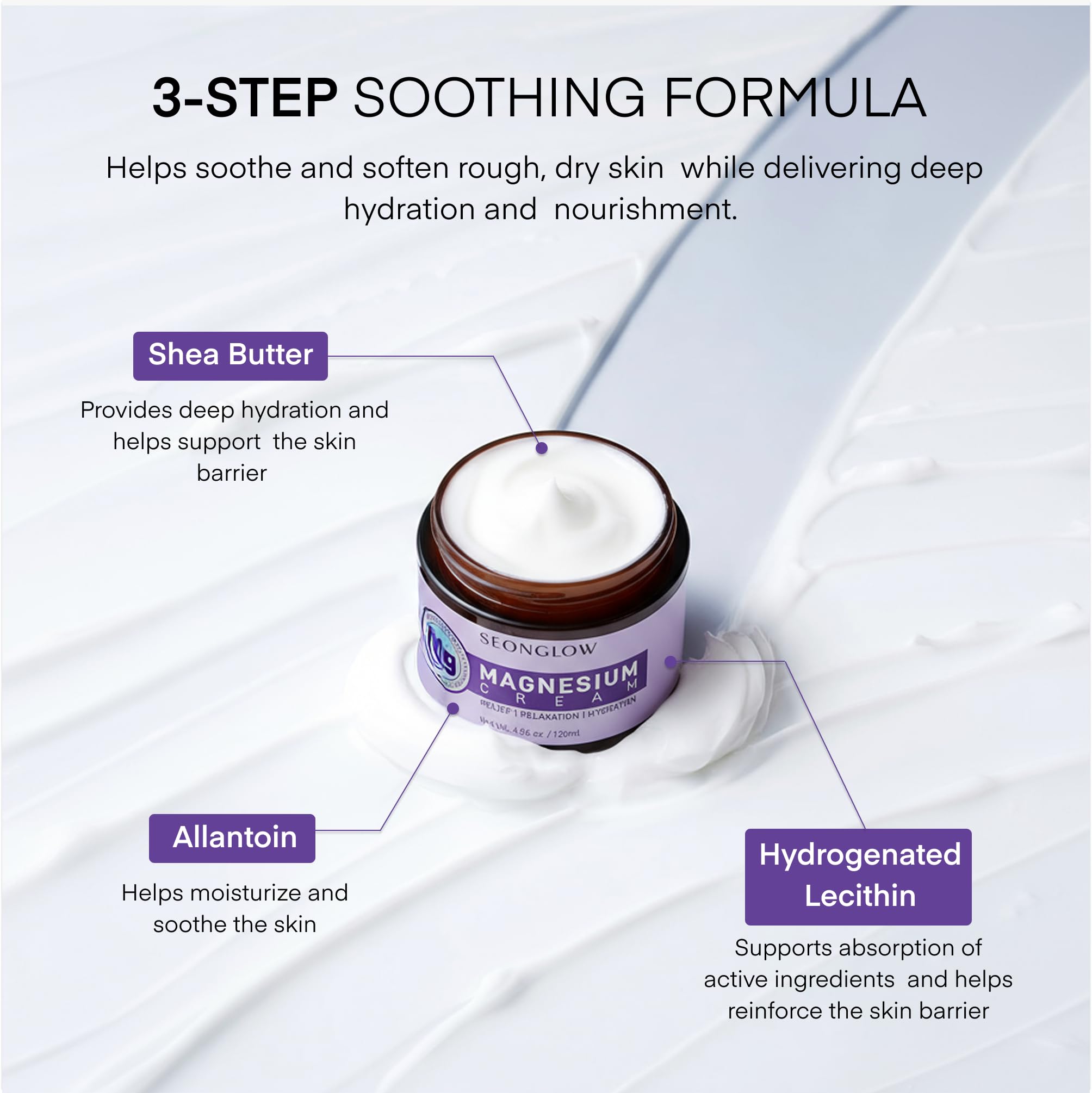 SEONGLOW Magnesium Cream with lavender flowers in background