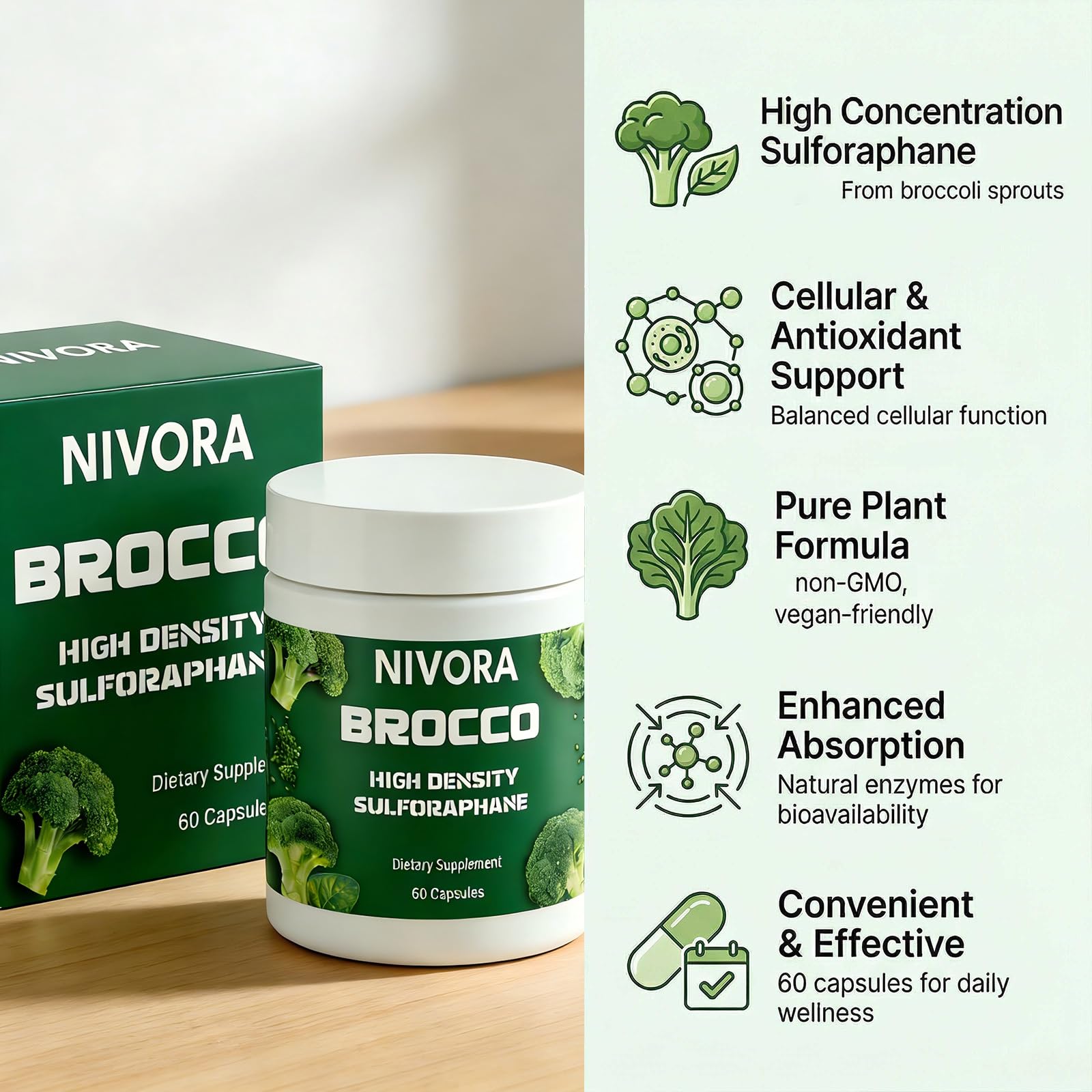 Sequente Broccoli Sprout Extract Capsules on a wooden table