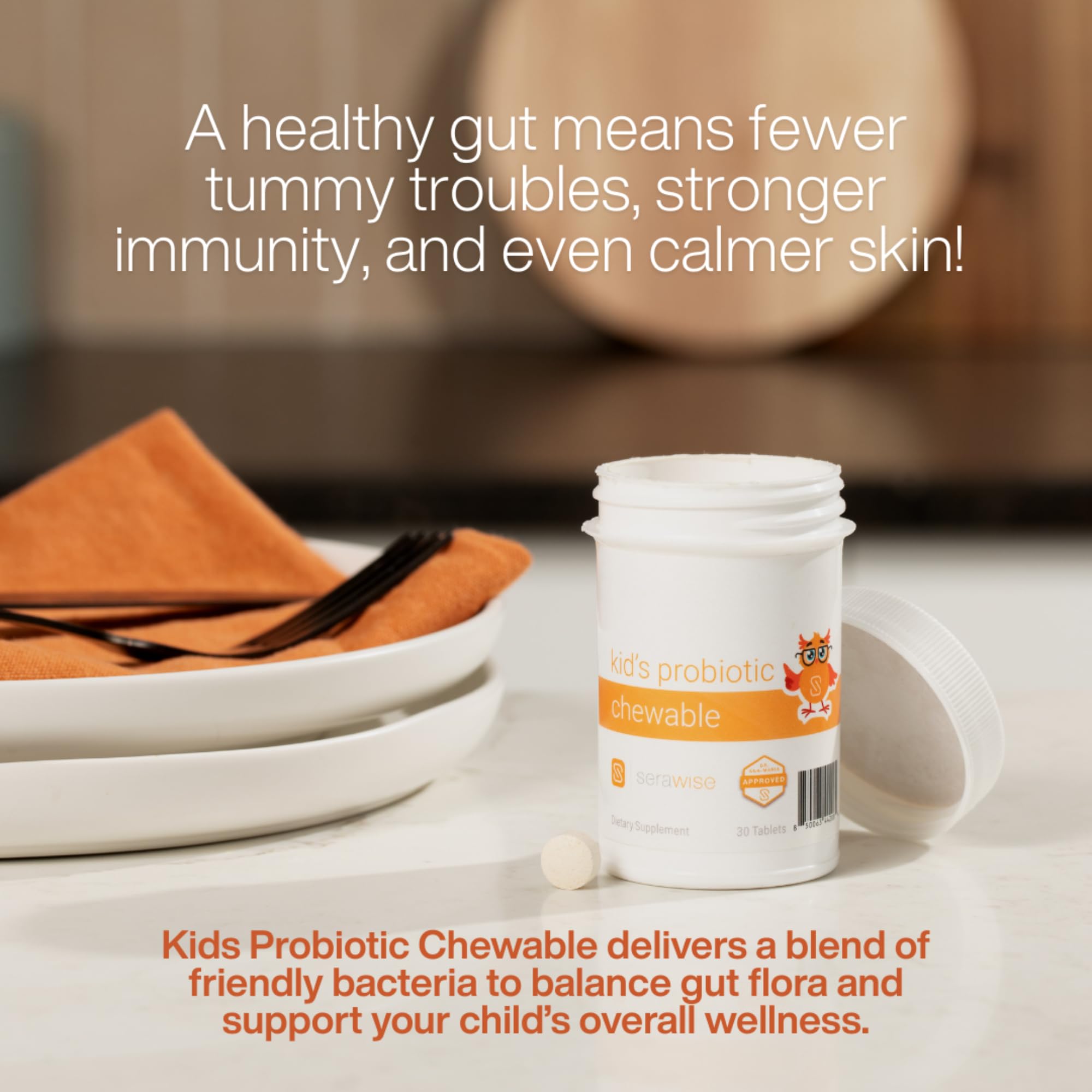 Serawise Kids Probiotic Chewable Tablets close-up showing texture