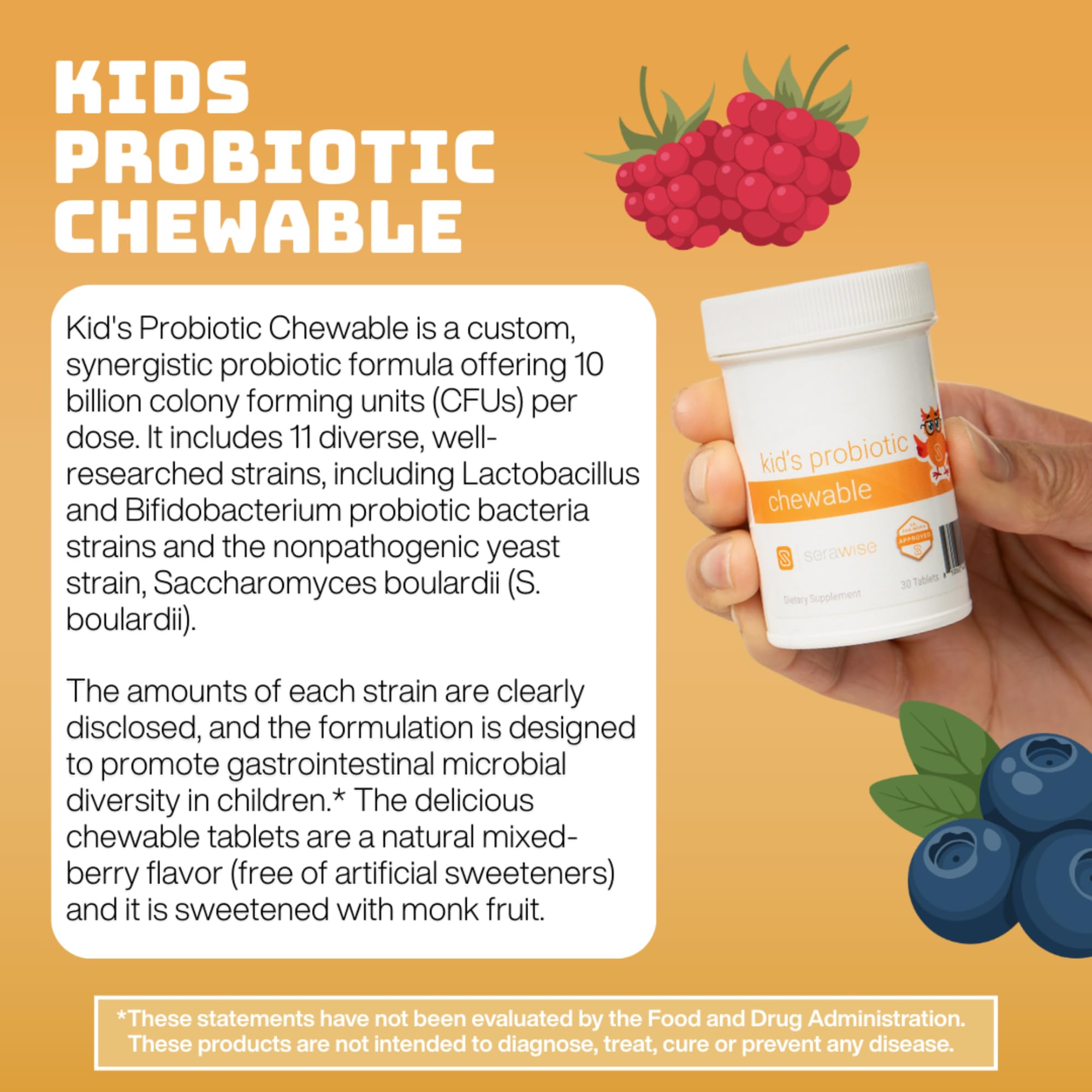 Serawise Kids Probiotic Chewable Tablets in a bowl with berries