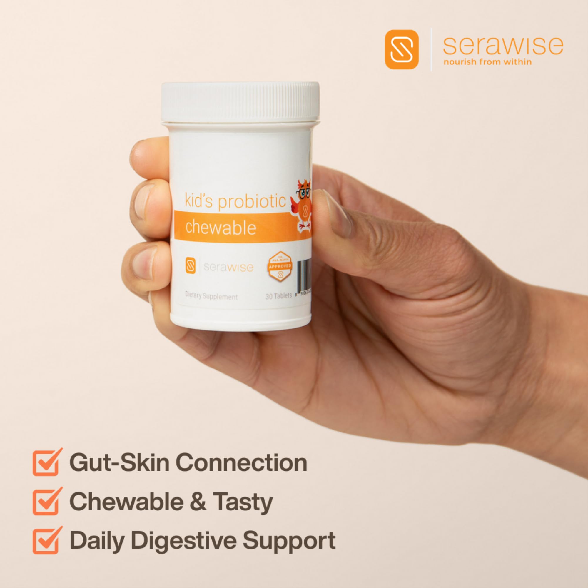 Serawise Kids Probiotic Chewable Tablets with a child's hand holding one