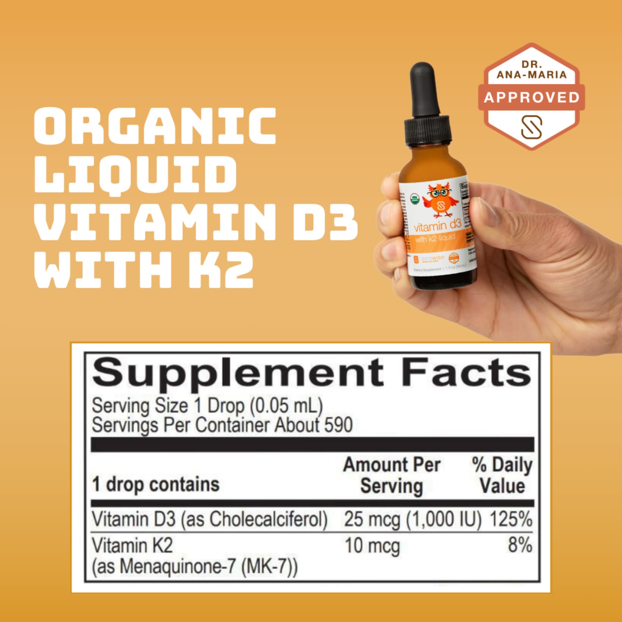 Serawise Organic Liquid Vitamin D3 with K2 30mL bottle side view