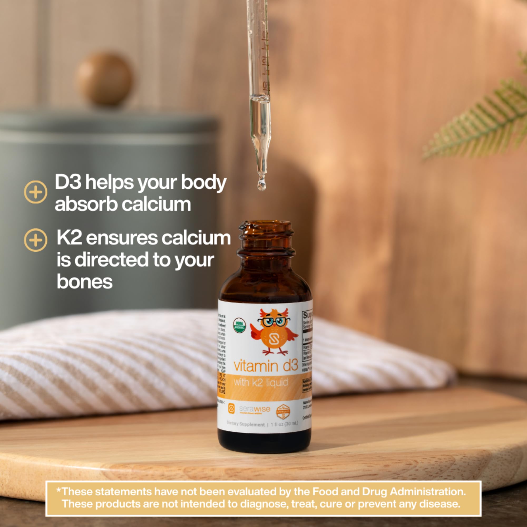 Serawise Organic Liquid Vitamin D3 with K2 bottle on a kitchen counter
