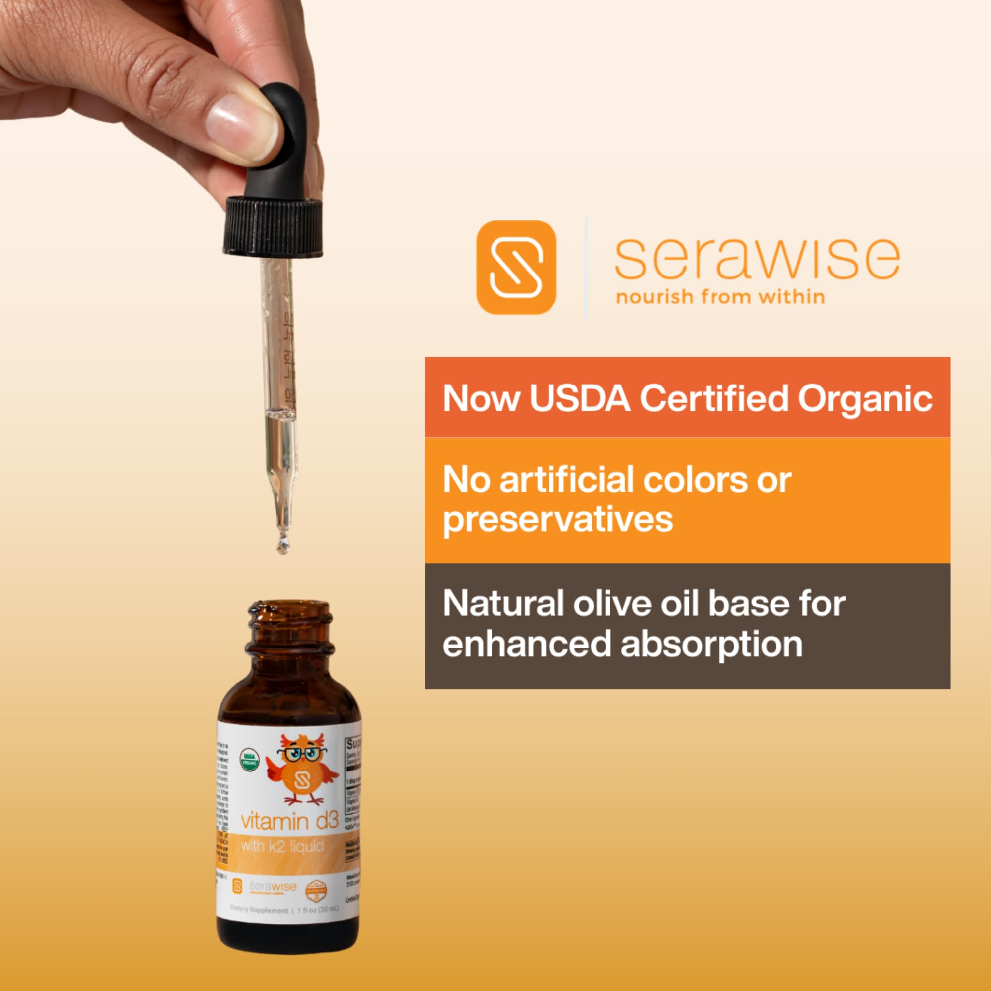 Serawise Organic Liquid Vitamin D3 with K2 bottle with olive oil background