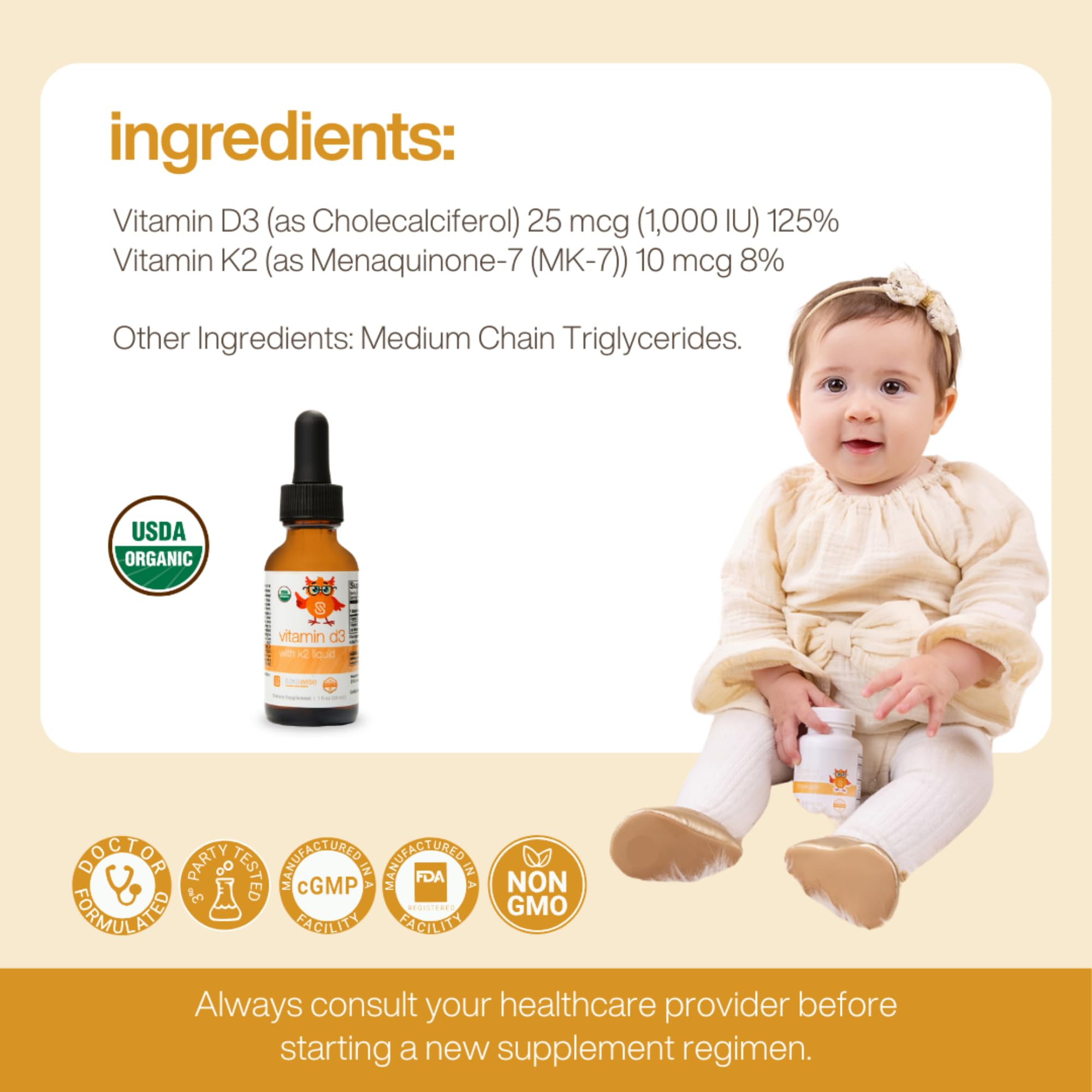 Serawise Organic Liquid Vitamin D3 with K2 dropper close-up