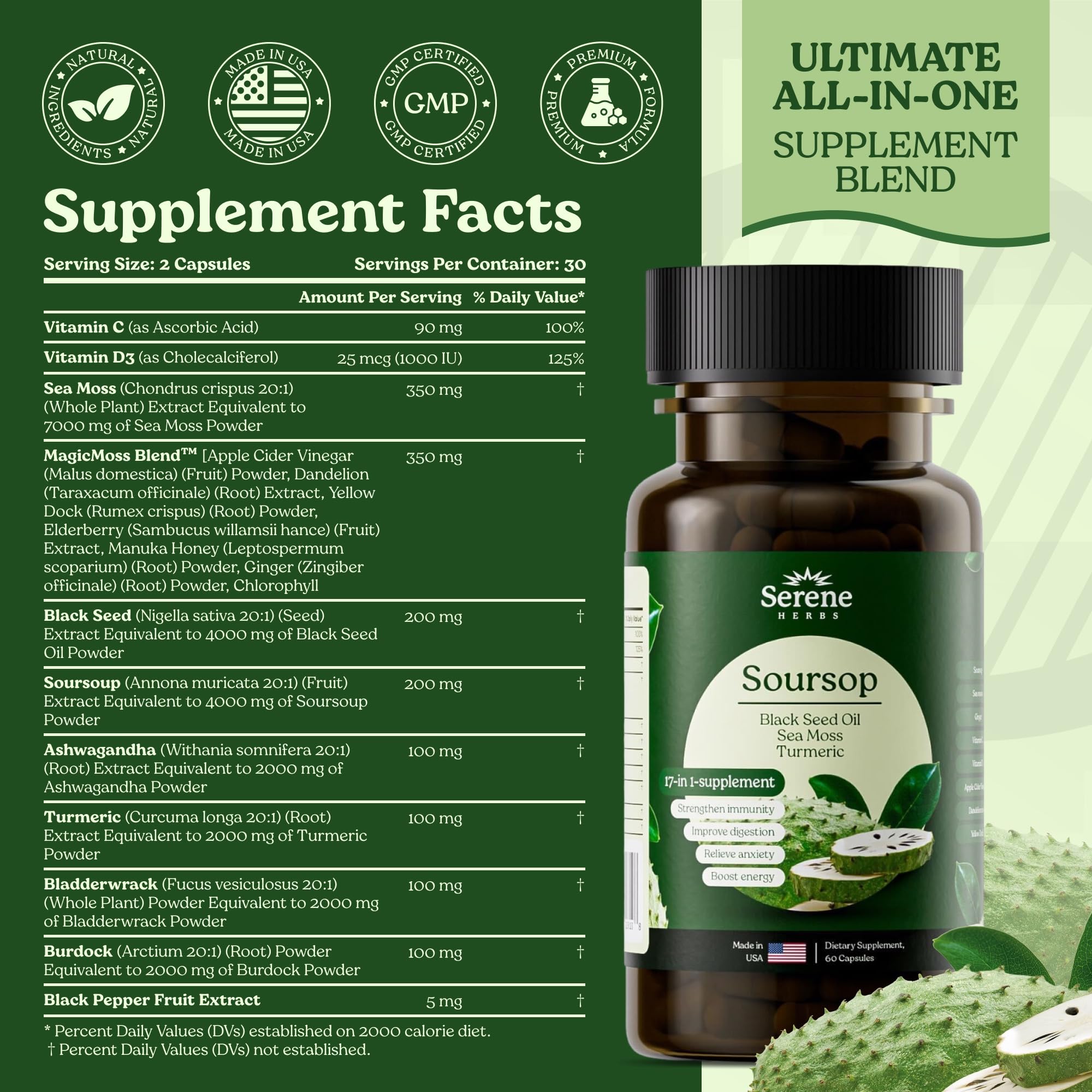 Serene Herbs 17-in-1 Blended Vitamin & Mineral Supplement capsules in a glass of water