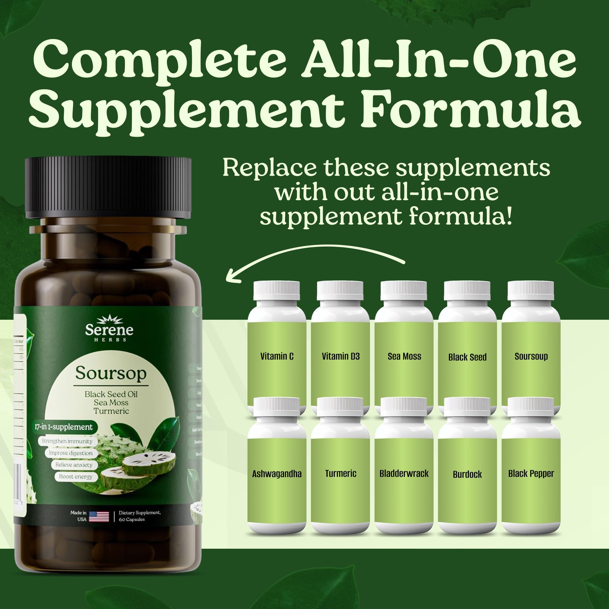 Serene Herbs 17-in-1 Blended Vitamin & Mineral Supplement capsules on a wooden table