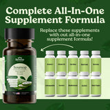 Serene Herbs 17-in-1 Blended Vitamin & Mineral Supplement capsules on a wooden table