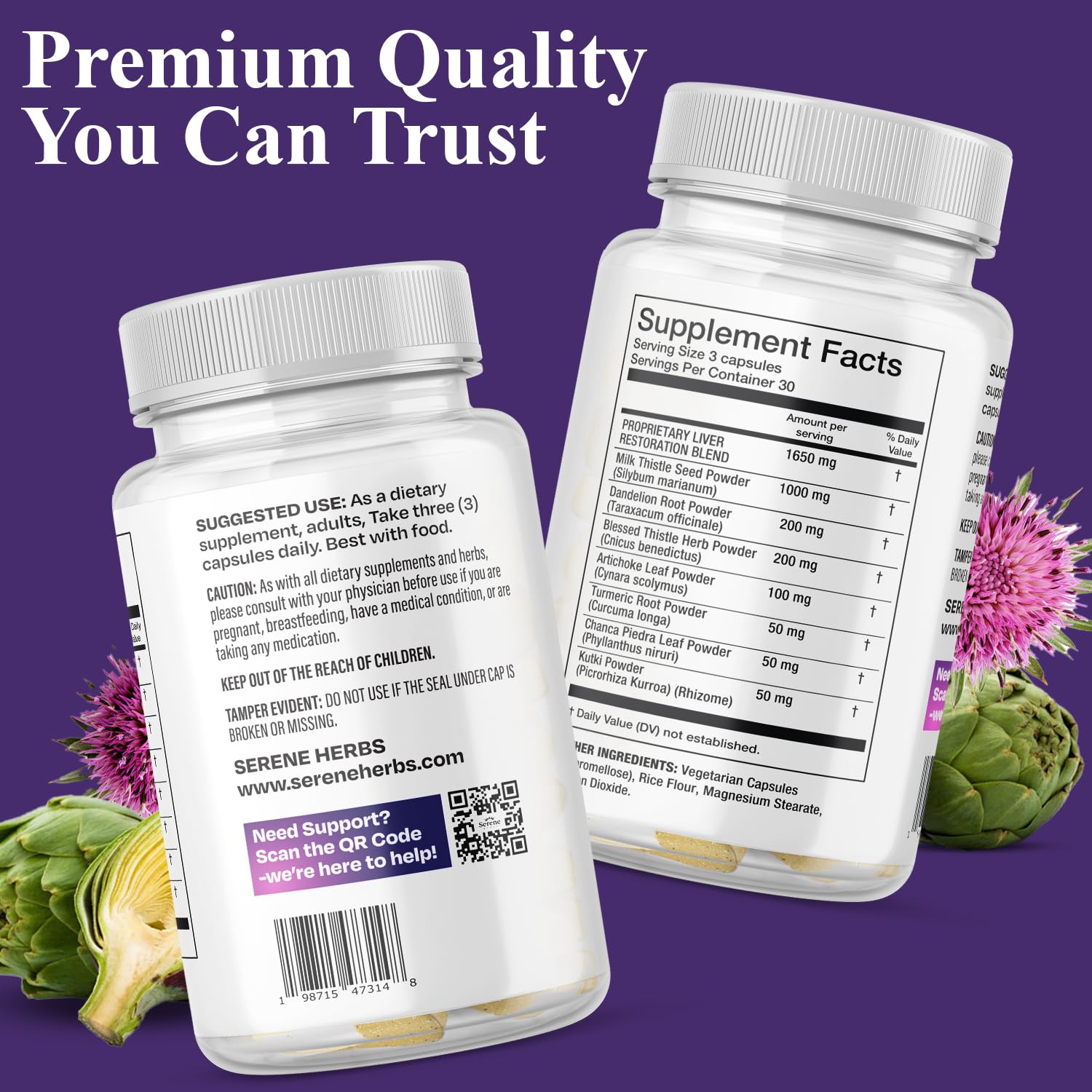 Serene Herbs Artichoke Liver Capsules displayed with a measuring spoon