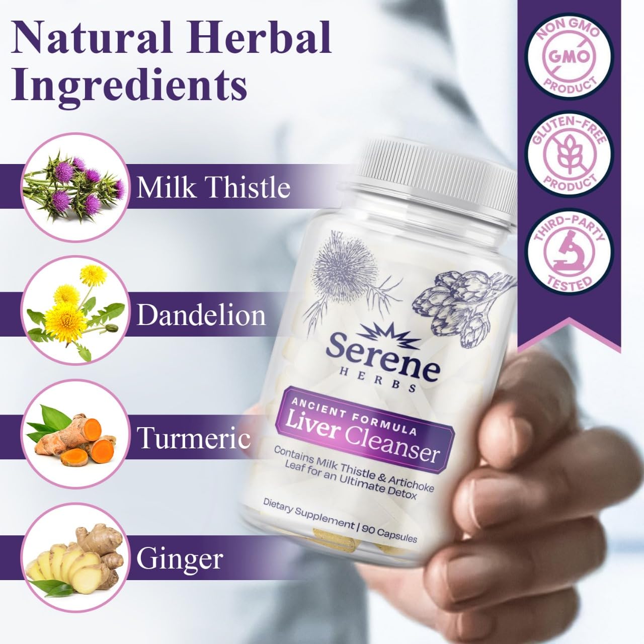 Serene Herbs Artichoke Liver Capsules with natural herbs in the background