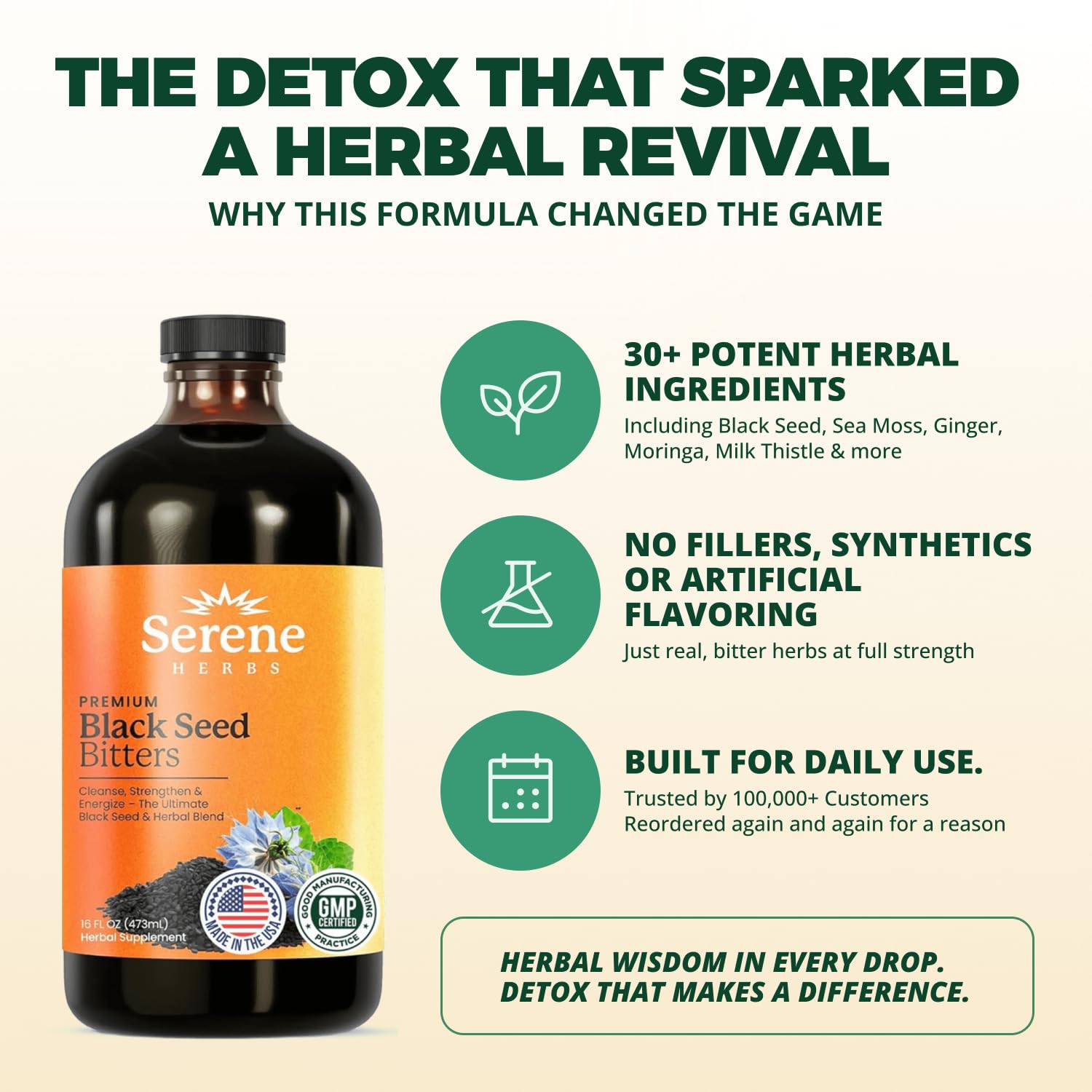 Serene Herbs Black Seed Bitters 530g with measuring spoon