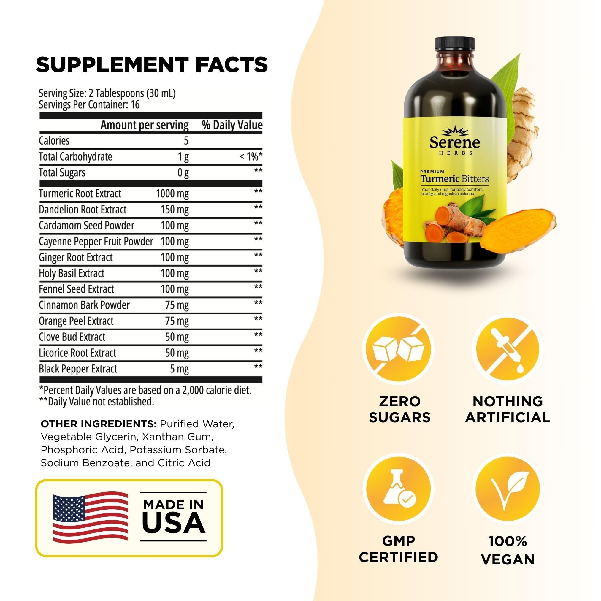 Serene Herbs Liquid Turmeric Shots 1000mg bottle with label