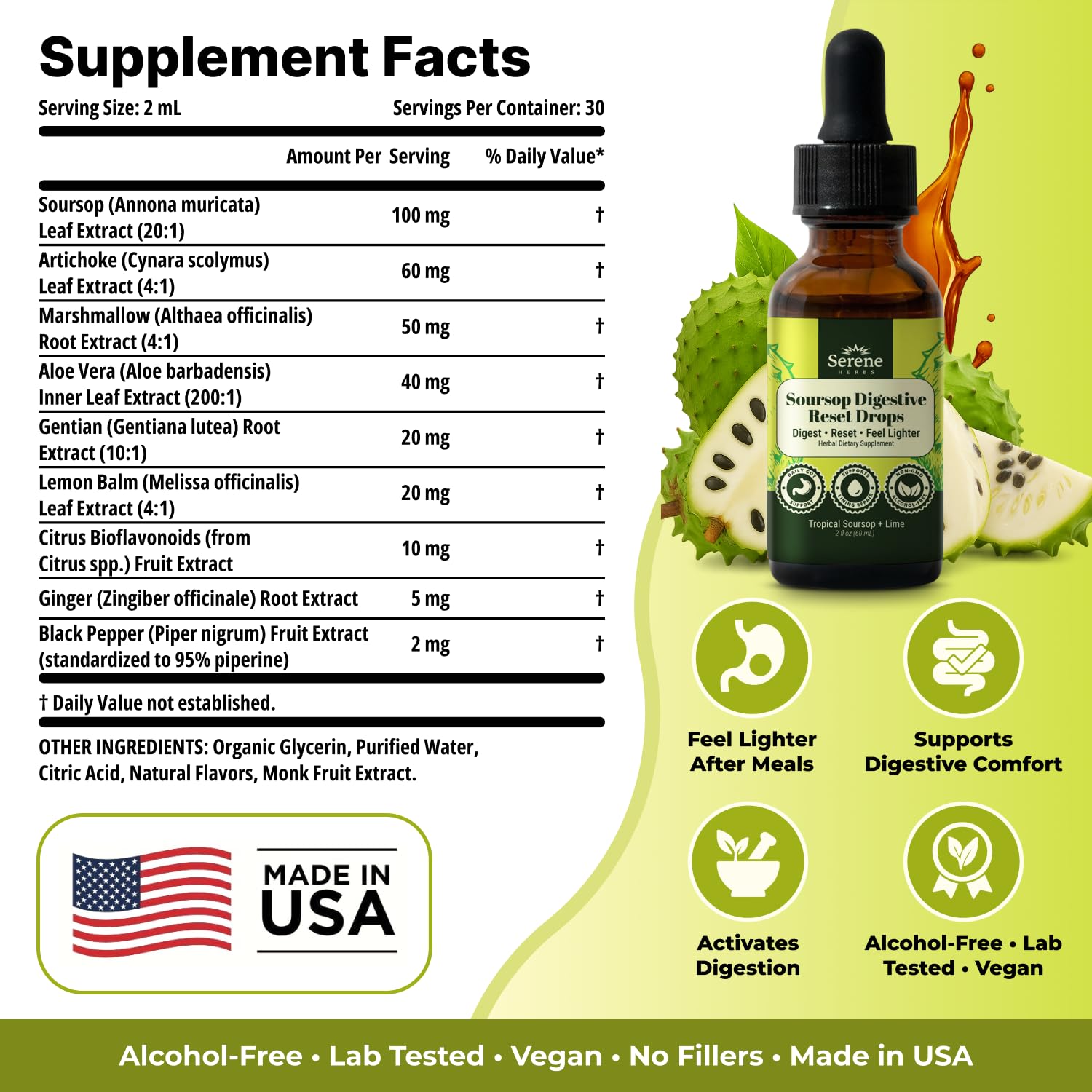 Serene Herbs Soursop daily Reset Drops 2 fl oz bottle with lime