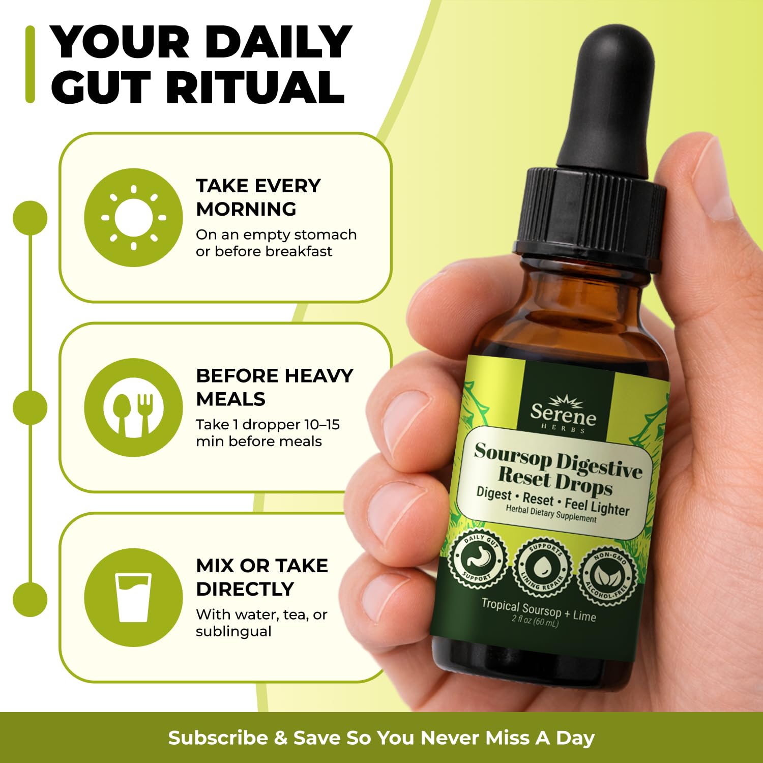 Serene Herbs Soursop daily Reset Drops 2 fl oz bottle with measuring spoon