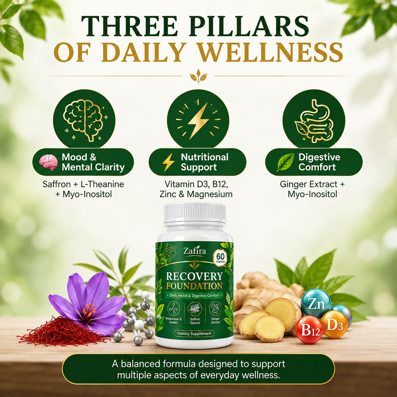 Sereniva Saffron Supplements capsules on a wooden table