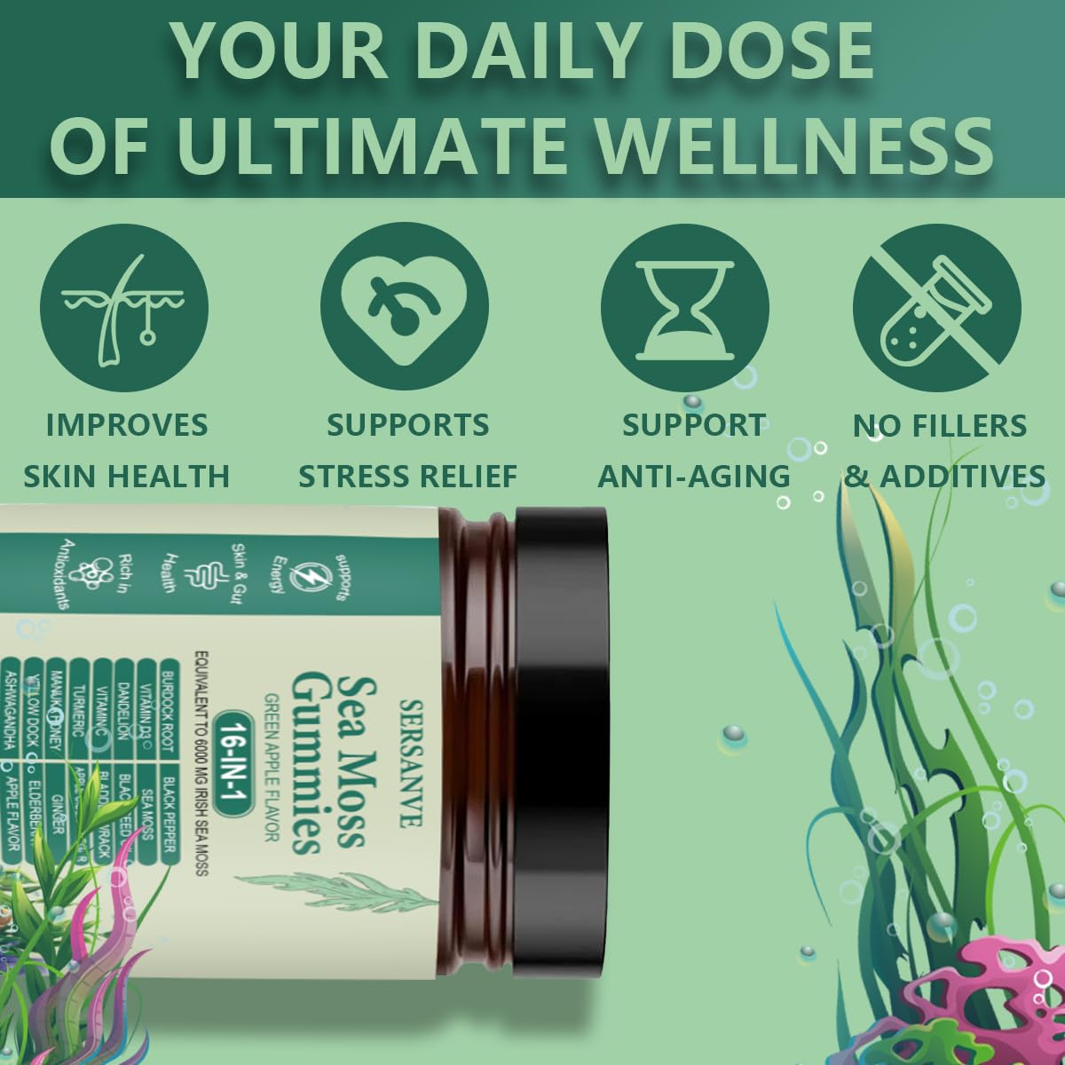 SERSANVE Sea Moss Gummy Vitamins ingredients list on the bottle