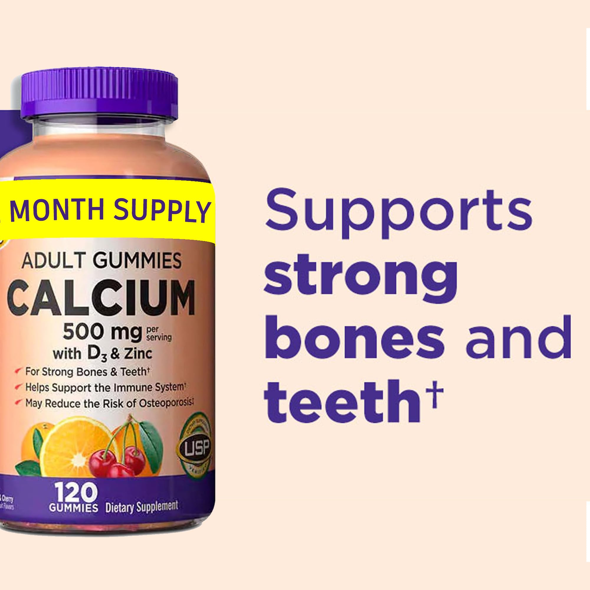 Serving suggestion of two Calcium Gummies on a wooden table