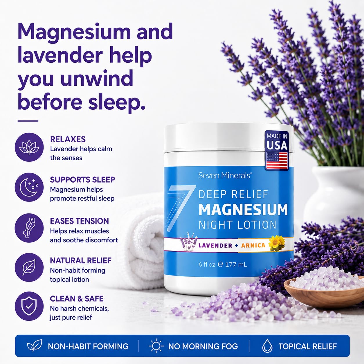 Seven Minerals Deep Relief Magnesium Night Lotion with lavender and arnica ingredients
