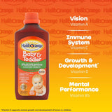 Seven Seas Haliborange Multivitamin Liquid in a glass with orange juice