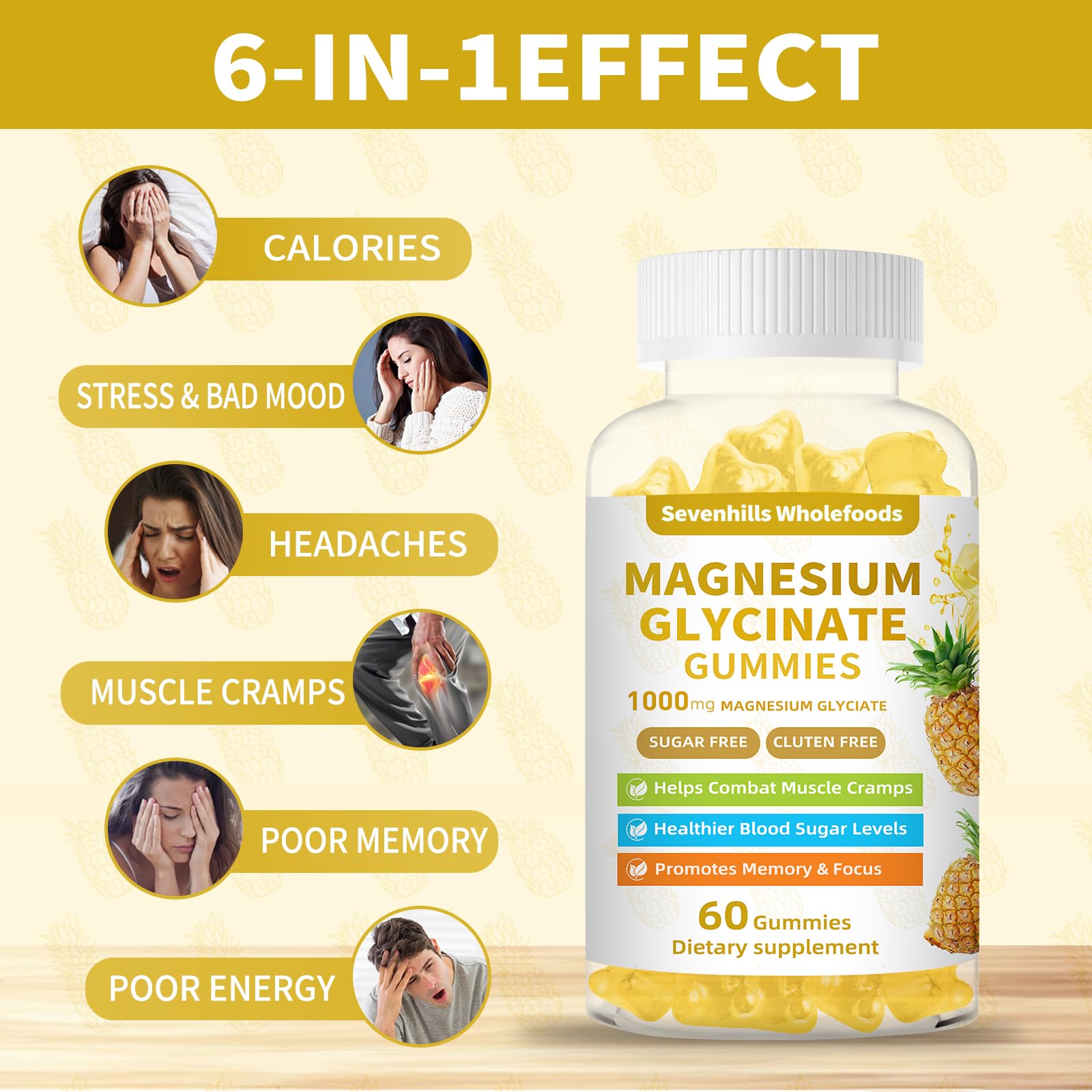 Sevenhills Wholefoods Magnesium Gummies displayed with fresh pineapple
