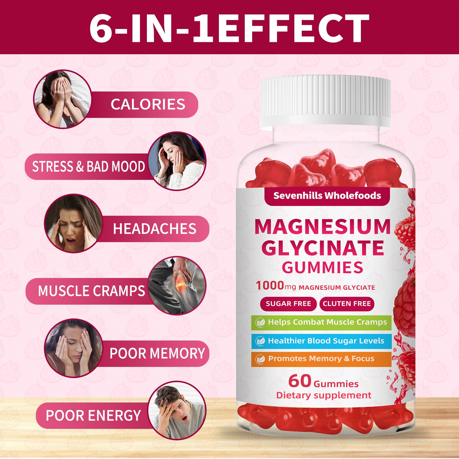 Sevenhills Wholefoods Magnesium Gummies on a wooden table