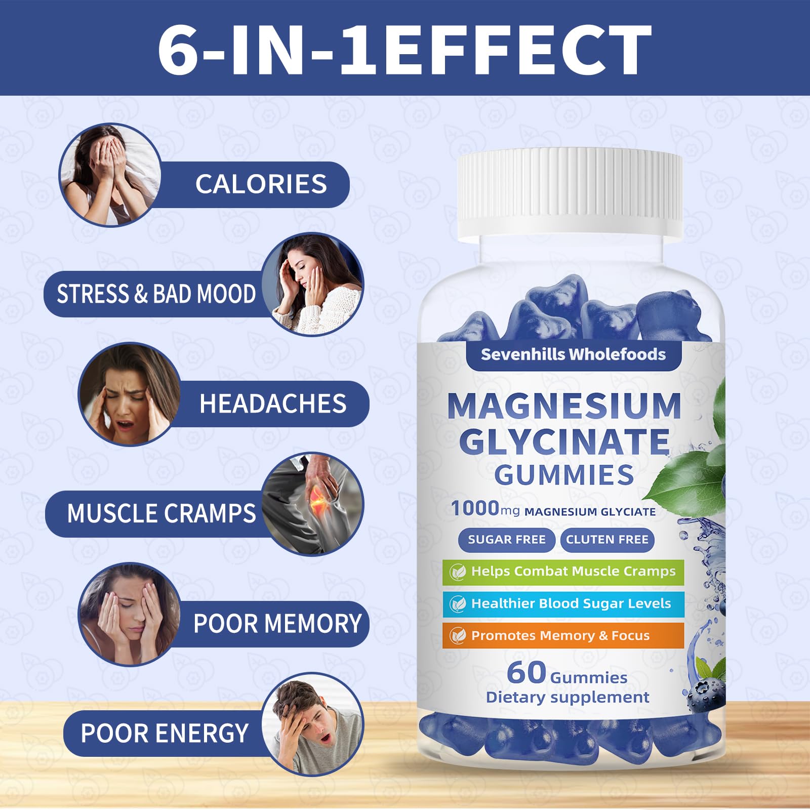 Sevenhills Wholefoods Magnesium Gummies with a few gummies on a wooden table