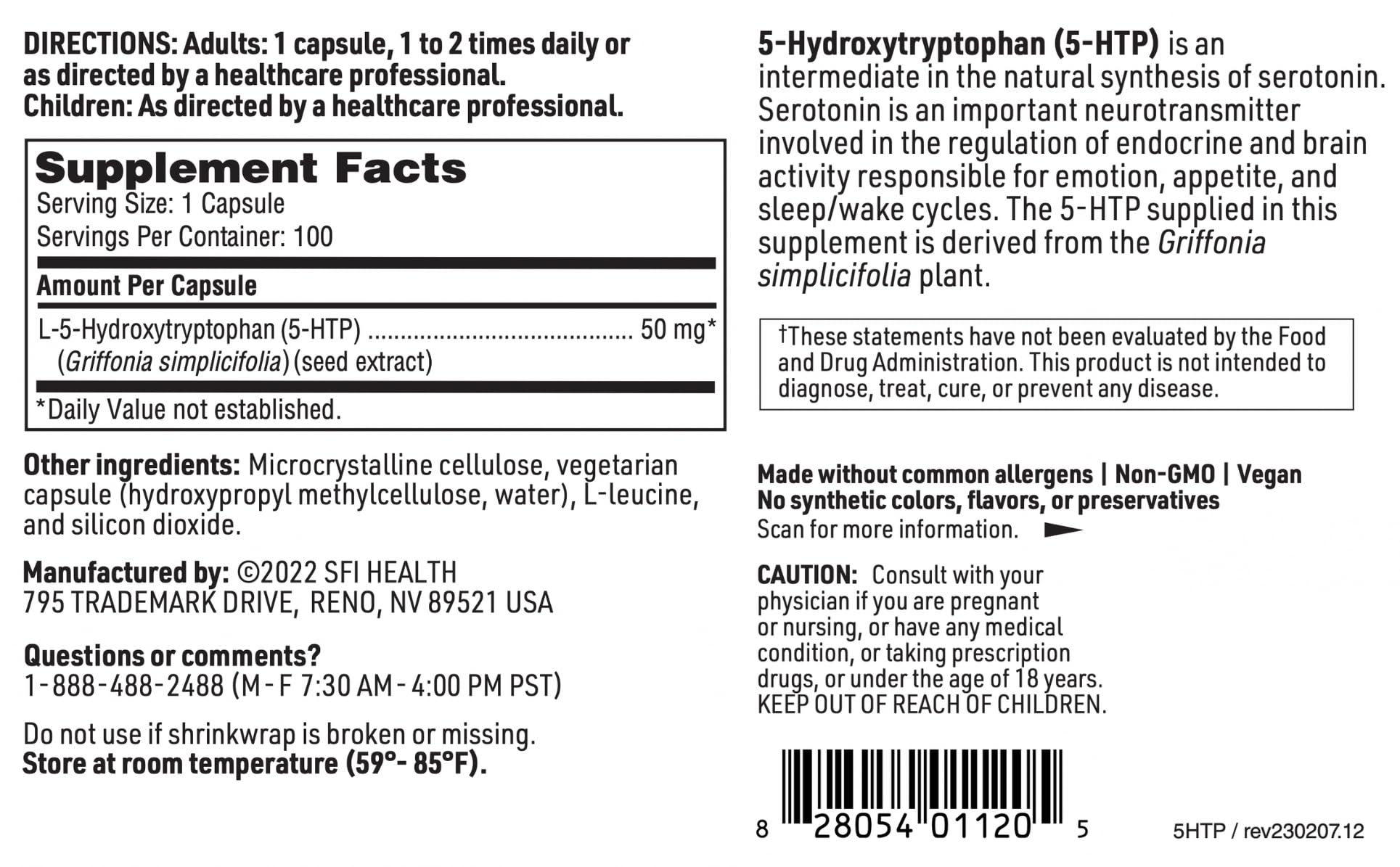 SFI Health 5-HTP Supplement 50mg ingredients list