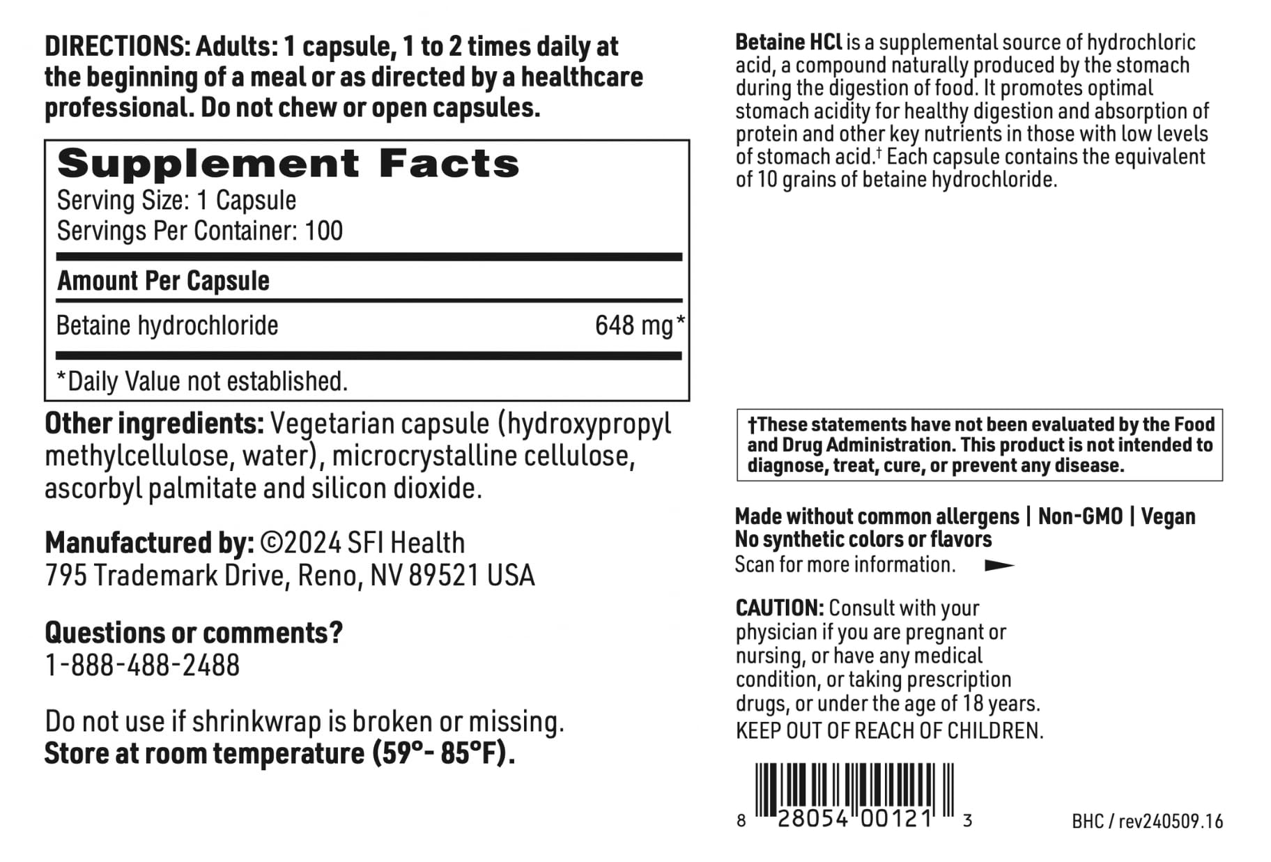 SFI Health Betaine HCl Capsules 648mg close-up of capsules