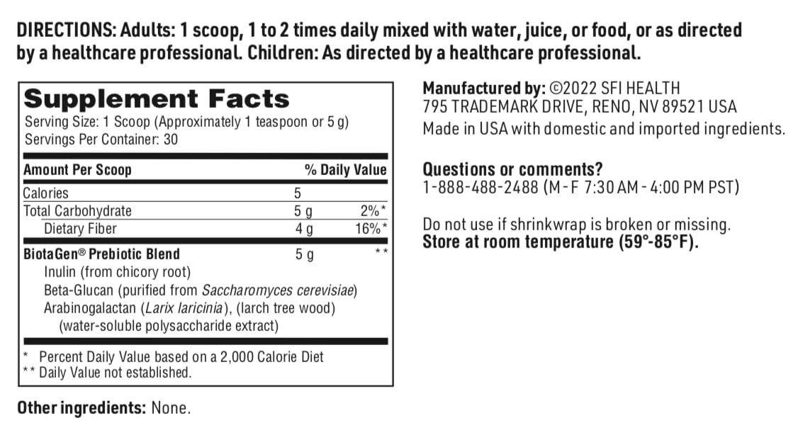 SFI Health BiotaGen Prebiotic Blend back view with nutritional information