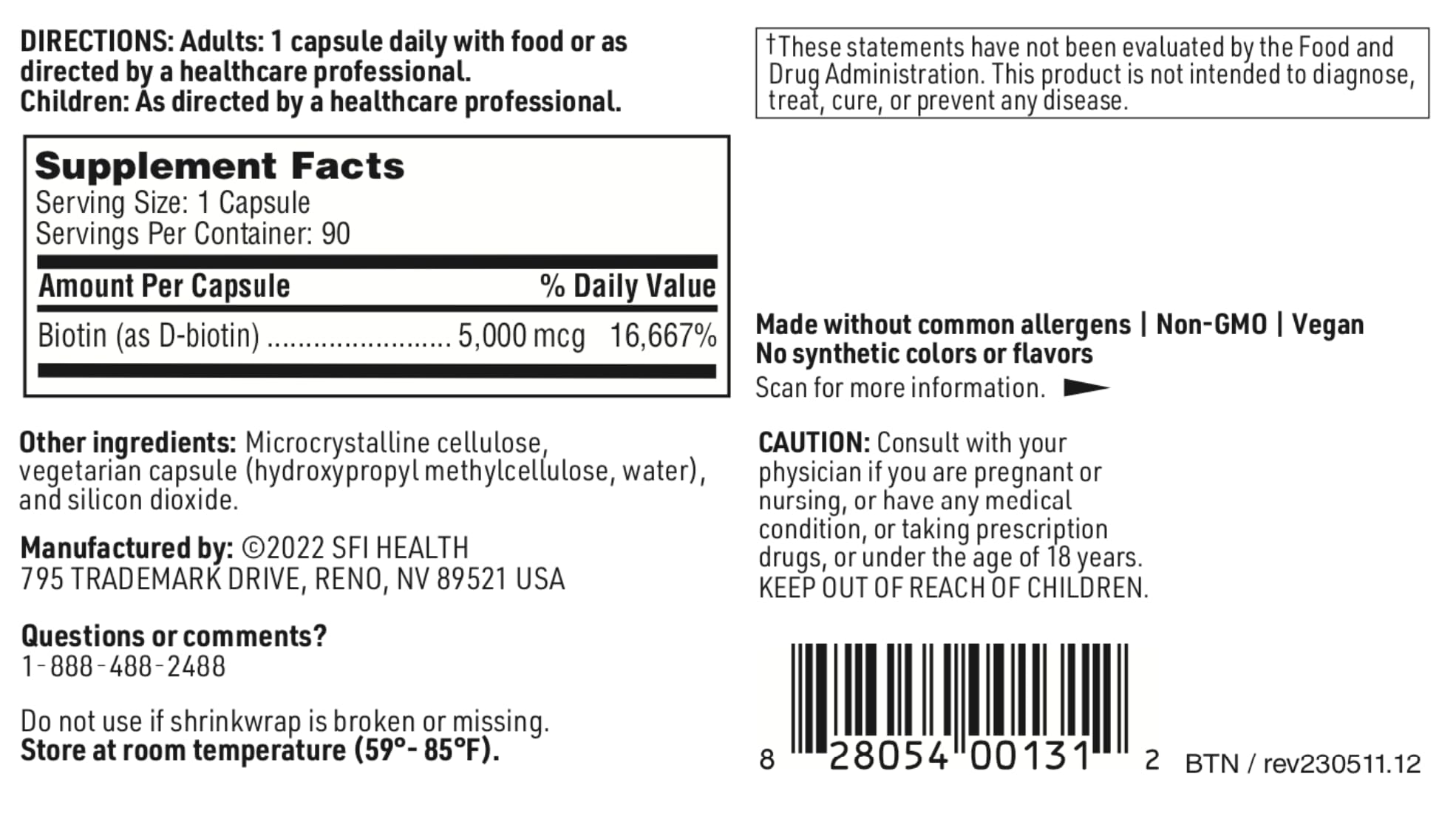 SFI Health Biotin 5000 mcg supplement capsules on a wooden table