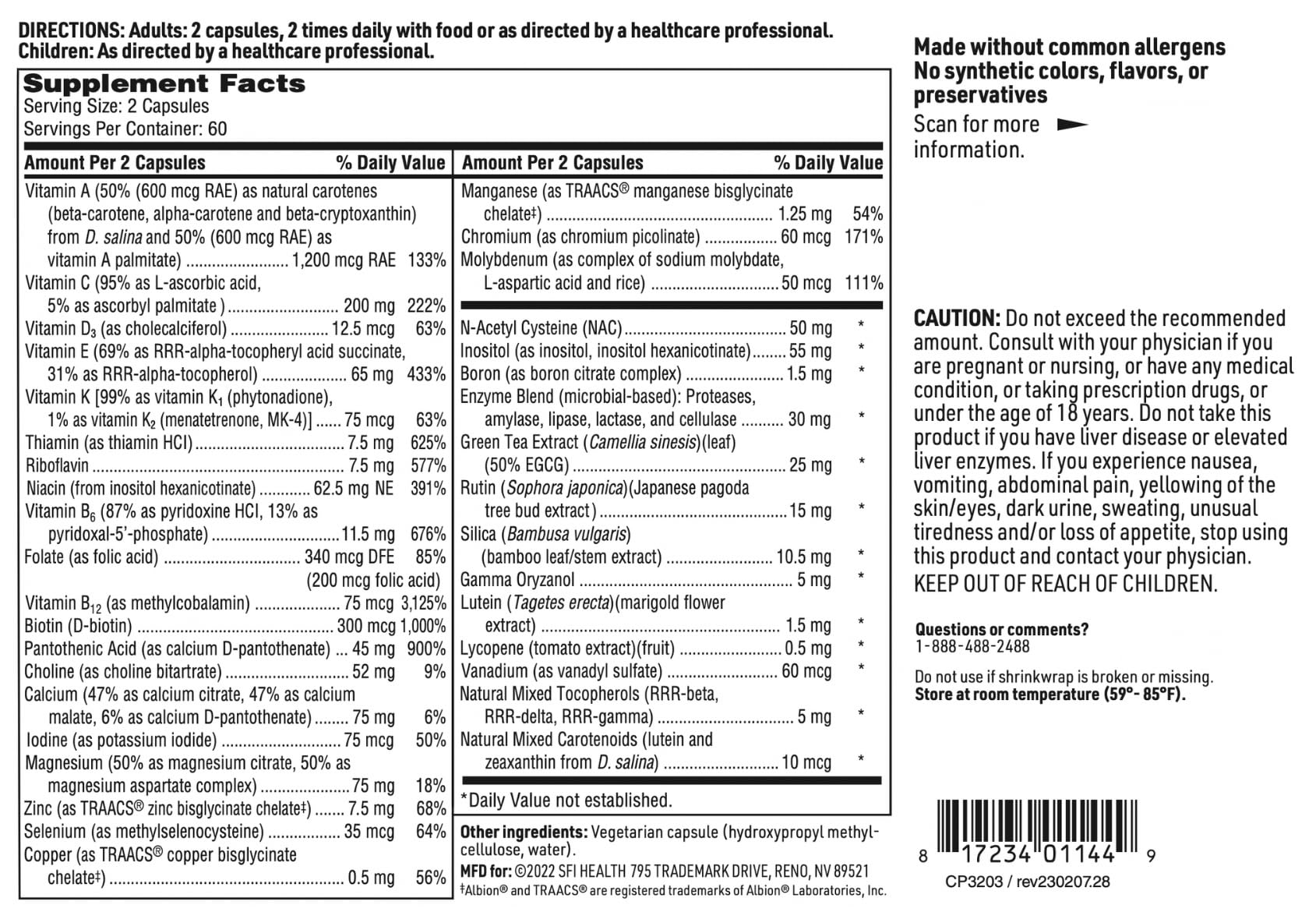SFI Health Core Multi Multivitamin 120 Capsules nutritional information