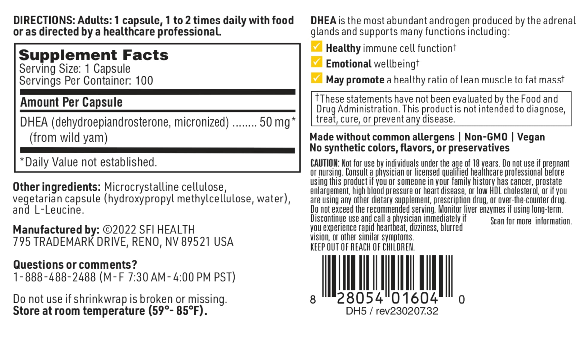 SFI Health DHEA 50 mg supplement ingredients list