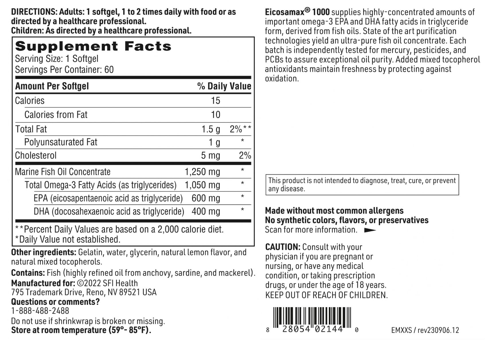 SFI Health Eicosamax 1000 Fish Oil Softgels showing softgel size