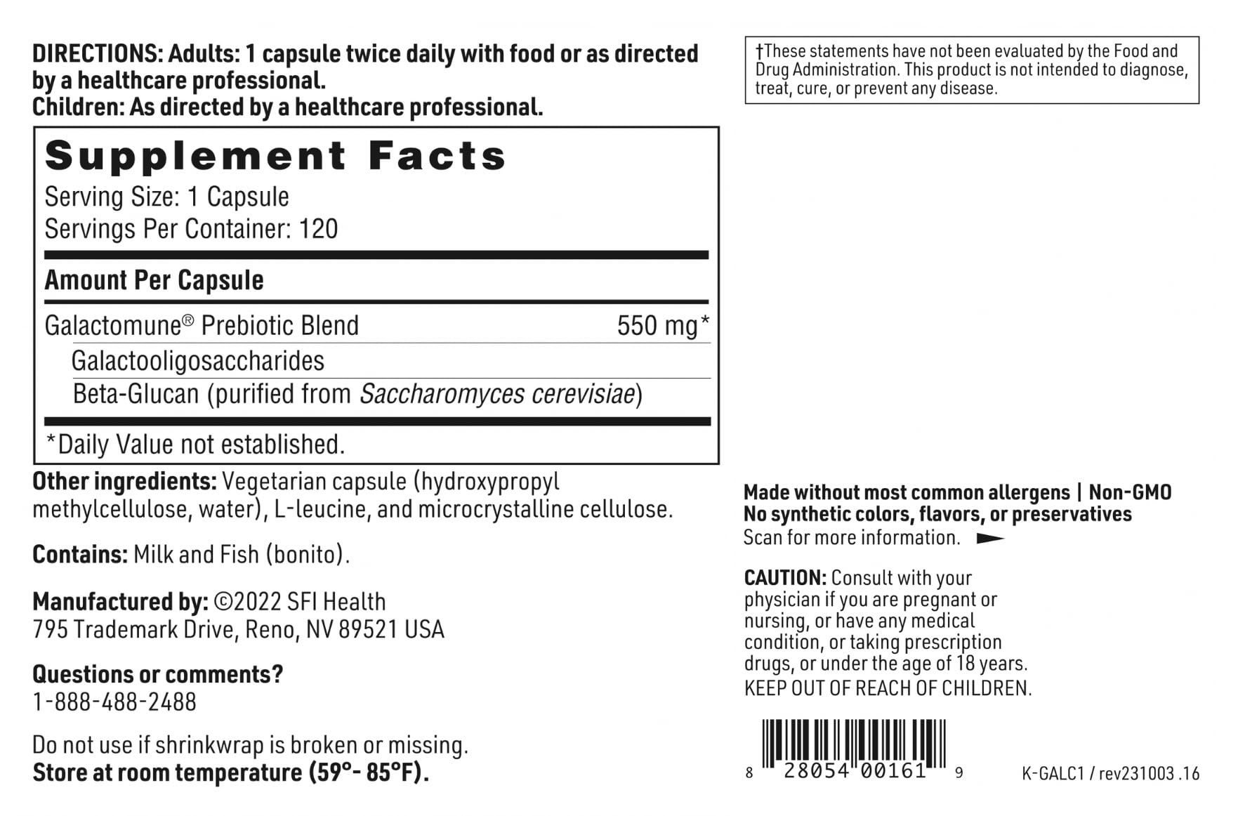 SFI Health Galactomune Prebiotic Capsules ingredients list