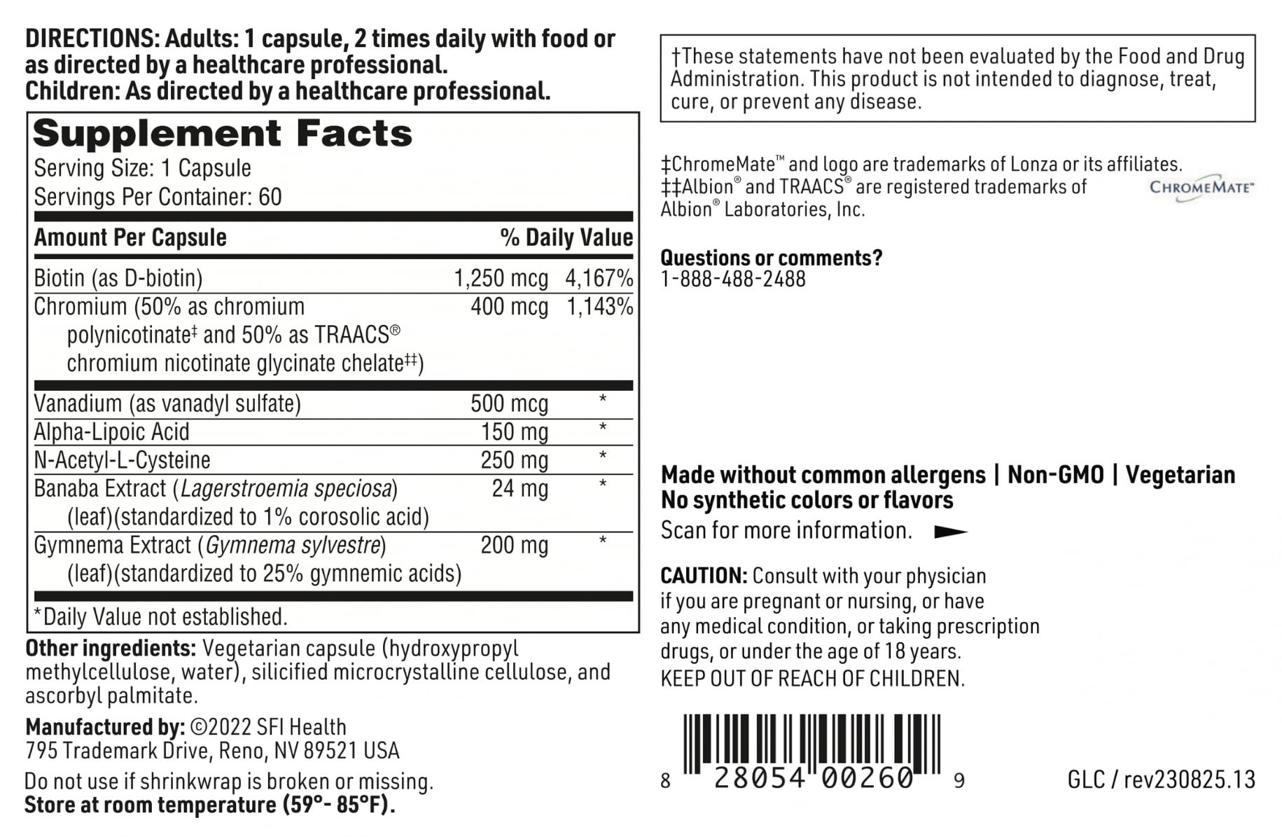 SFI Health GlucoThera Chromium Supplement ingredients list