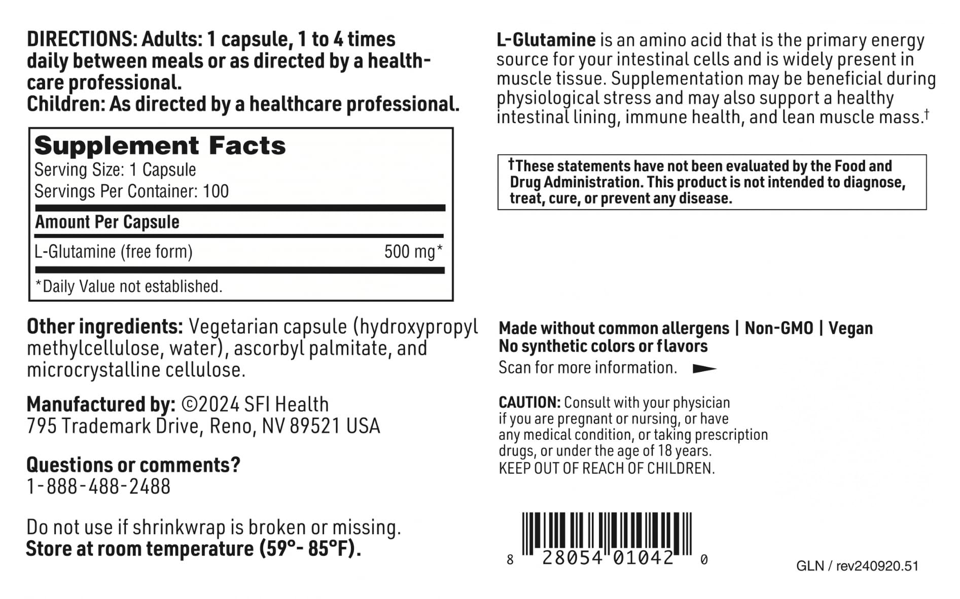 SFI Health L-Glutamine 500mg capsules on a wooden table